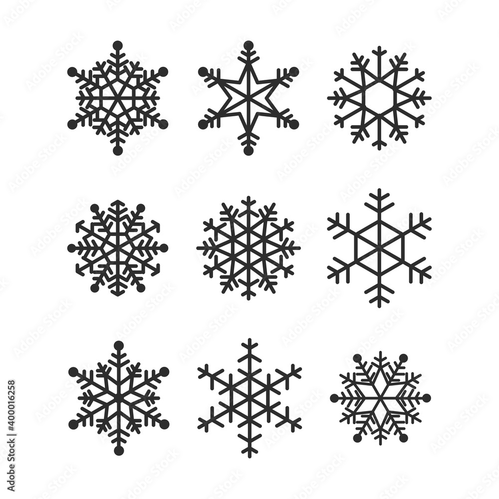 Set of simple geometric black snowflakes isolated on white background. Vector holiday christmas collection Set of simple geometric black snowflakes isolated on white background. Vector holiday christmas collection