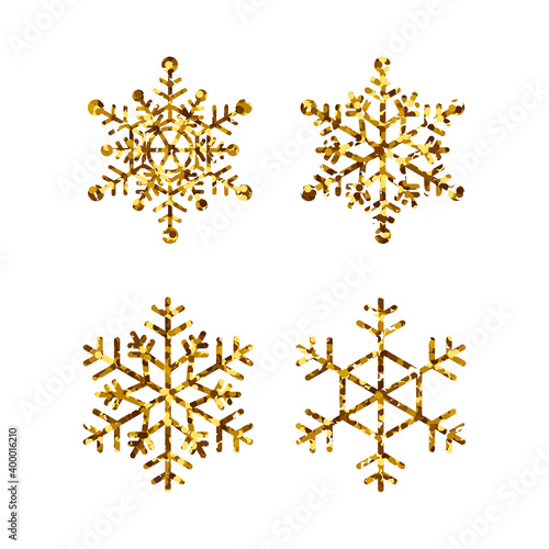 Set of gold snowflakes. Golden Glitter Snow Flakes isolated on white background. Winter Holidays Decoration. Vector collection.