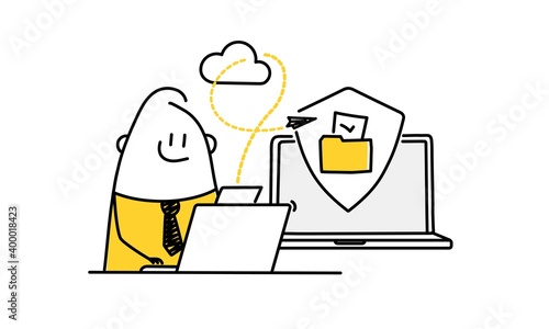 Cute stickman works at the laptop. Secure web traffic.
