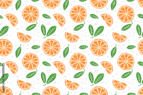 Illustration slices orange mandarin and leaves seamless pattern on white background. Cute style.