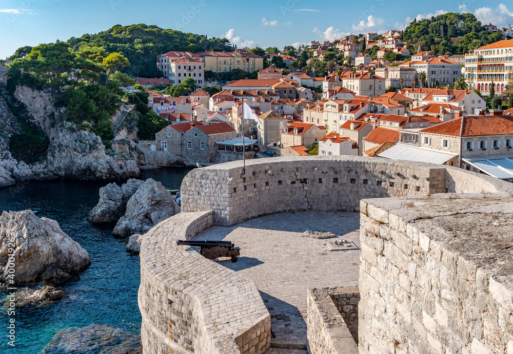 View of the city of Dubrovnik, Croatia and the sea bay from the medieval fortress