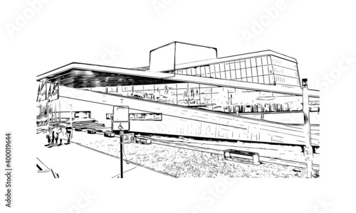 Building view with landmark of Oslo is the 
capital of Norway. Hand drawn sketch illustration in vector.