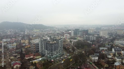 Aerial view of the drone flying of the old city of Lviv, Ukraine