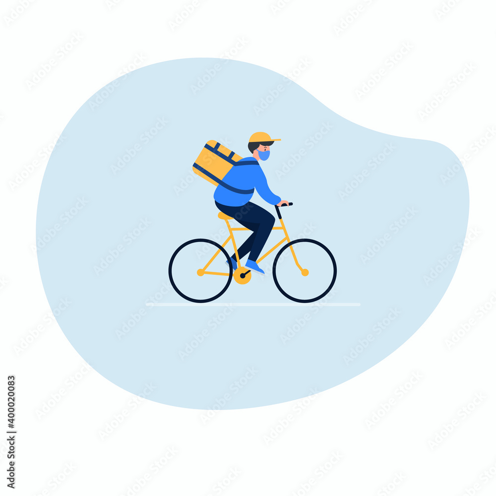 Bicycle delivering order. Courier man in respiratory mask. Online delivery service concept. Vector illustration in cartoon flat style.