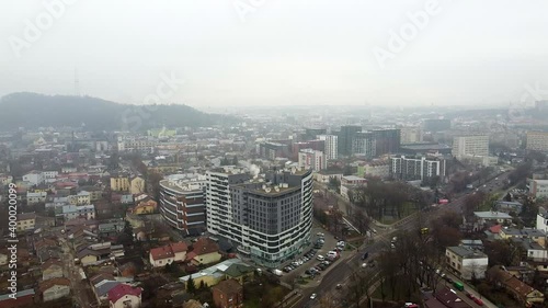 Aerial view of the drone flying of the old city of Lviv, Ukraine