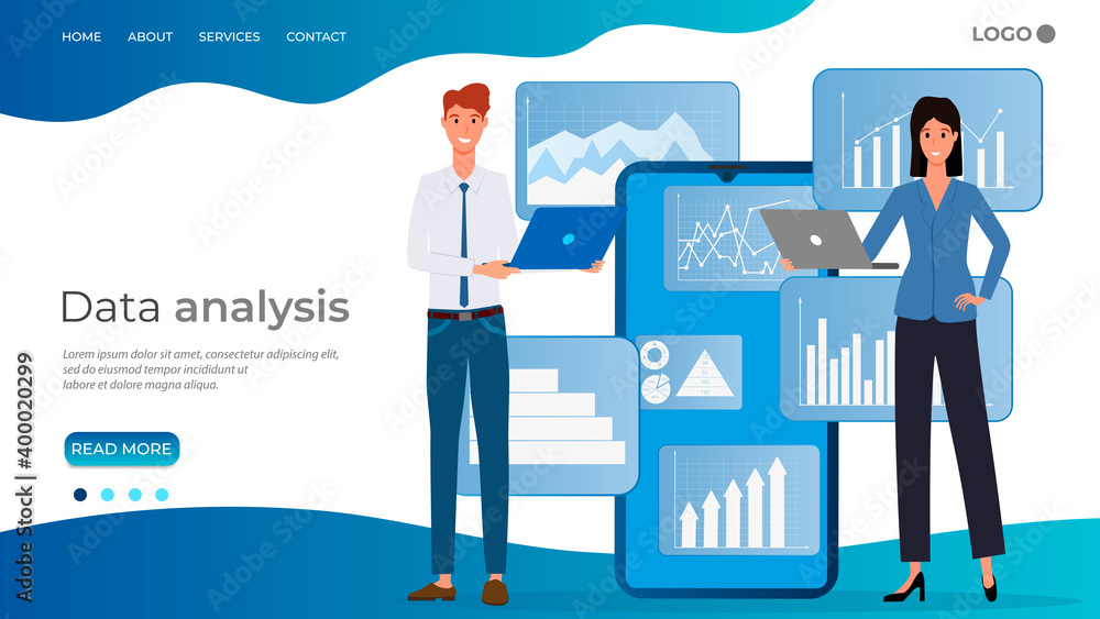 Data analysis.A young woman and a man study data next to a smartphone.Concept of data transmission over the Internet, data analysis and infographics.The template of the landing page. Data analysis.A young woman and a man study data next to a smartphone.Concept of data transmission over the Internet, data analysis and infographics.The template of the landing page.