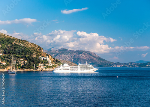 View of the bay with ships near the city of Dubrovnik in sunny summer