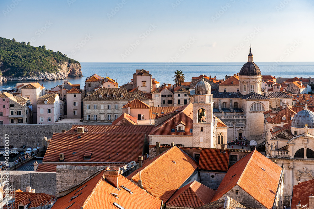 View of red tiled roofs and Adriatic sea in the city of Dubrovnik, Croatia