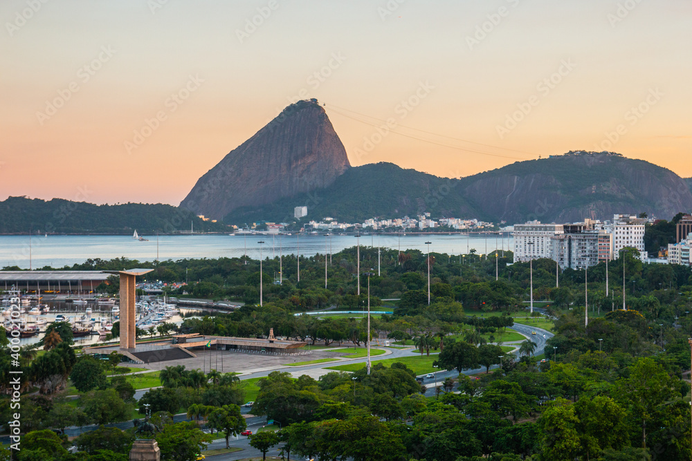 Sunset Flemish landfill , sugarloaf and guanabara bay in Rio de Janeiro.