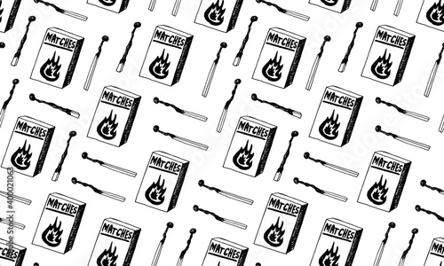 Hand drawn doodle seamless pattern with matches. Burnt wooden stick. Simple vector illustration.