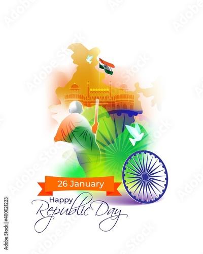 Vector banner of Happy Republic day concept banner, 26 january, national holiday of India, Indian flag, Mahatma Gandhi, ashoka chakra, pegion, template for website.