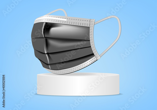 Black Facemask, Medical protective mask isolated on podium white background. Disposable surgical facemask cover the mouth and nose. Healthcare and medical concept. Vector