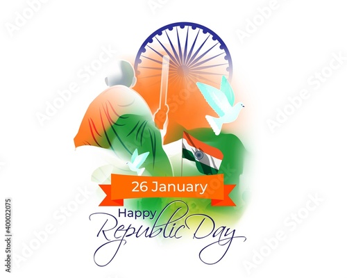 Vector banner of Happy Republic day concept banner, 26 january, national holiday of India, Indian flag, Mahatma Gandhi, ashoka chakra, pegion, template for website.