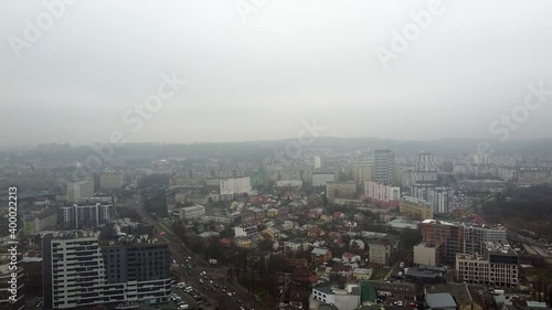 Aerial view of the drone flying of the old city of Lviv, Ukraine