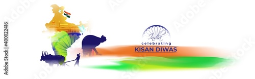 vector illustration for Indian day kisan diwas means farmer days, India celebrating , concept banner, 23 December, National farmers day of India, bullock and farmer on abstract tricolor background
