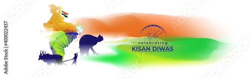 vector illustration for Indian day kisan diwas means farmer days, India celebrating , concept banner, 23 December, National farmers day of India, bullock and farmer on abstract tricolor background