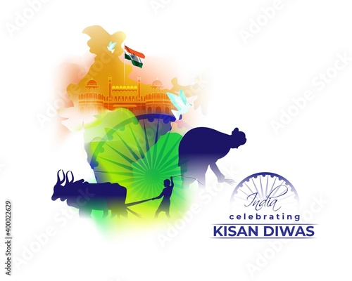 vector illustration for Indian day kisan diwas means farmer days, India celebrating , concept banner, 23 December, National farmers day of India, bullock and farmer on abstract tricolor background