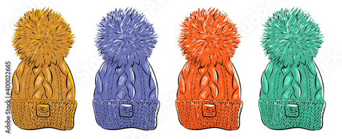 set of colored knitted hats with buboes, winter clothes, headdress, fashion, vector illustration, sketch