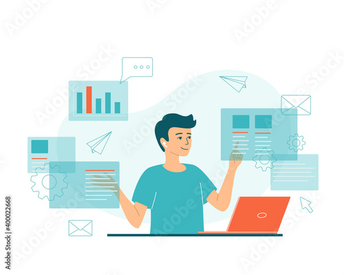 The young man is multitasking. Abstract concept of active work, deadline, information search on the internet. Content manager, office worker, freelancer. Isolated vector illustration