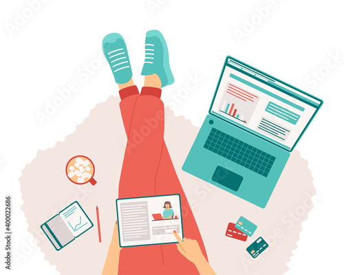 Concept of financial consultation, analysis, money management. Woman with an online banking system app open on a laptop and tablet. Budget calculation, investments, tax strategy. Vector illustration