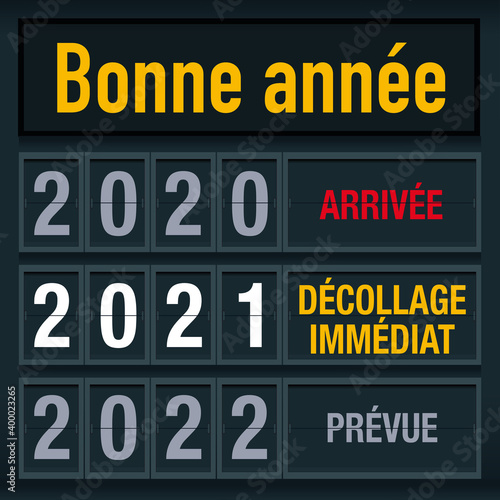 Carte de vœux 2021 avec un message décalé, montrant un tableau d’affichage d’aéroport pour illustrer le passage dans la nouvelle année.