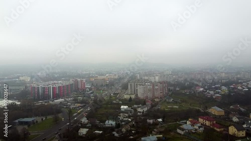 Aerial view of the drone flying of the old city of Lviv, Ukraine