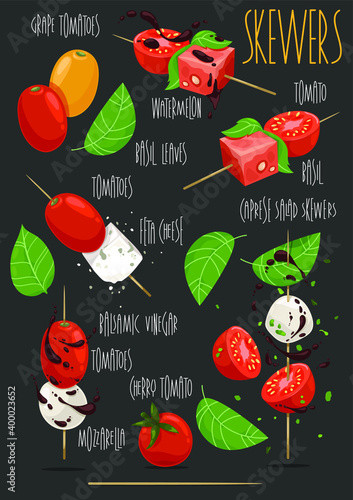 Caprese Salad skewers. Tomato and Feta cheese skewers. Tomato, Watermelon and basil skewers. Tomato, Mozzarella, Basil and balsamic vinegar skewers. Vector illustration