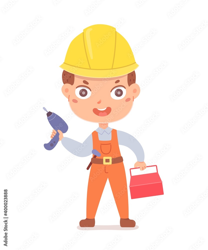 Kid as builder. Cute little boy with professional occupation vector illustration. Happy child as repairman in uniform and helmet holding drill and tools isolated on white background Kid as builder. Cute little boy with professional occupation vector illustration. Happy child as repairman in uniform and helmet holding drill and tools isolated on white background