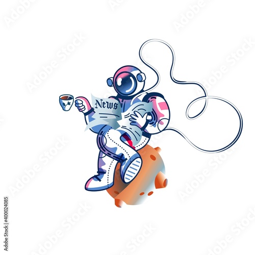 Funny astronaut reading newspaper with cup of coffee in space. Man flying with open paper in spacesuit. Space exploration fun entertainment vector illustration. Cosmonaut in universe