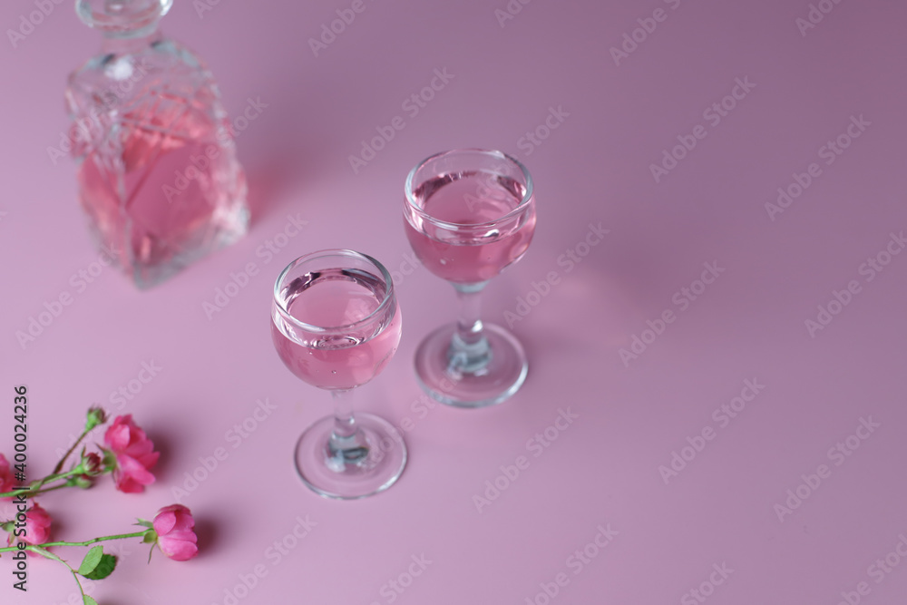 Pink liquor with roses on Valentine's Day Pink liquor with roses on Valentine's Day