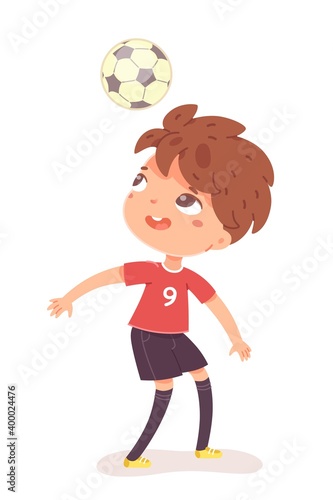 Boy playing with ball above head at football practice. Happy little kid playing sport in uniform vector illustration. Smiling child kicking ball above head on white background