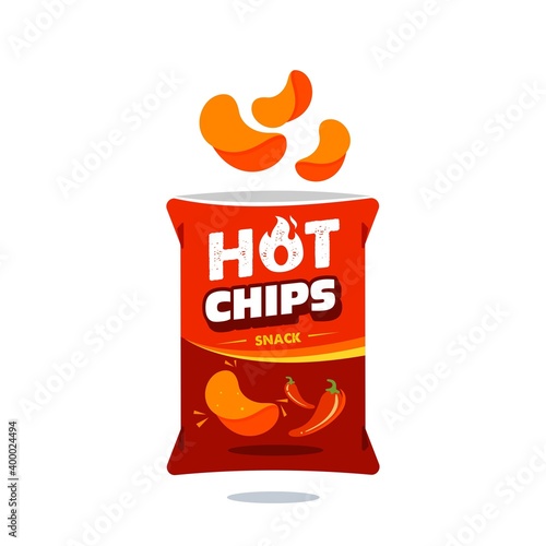 hot spicy snack chips bag plastic packaging design illustration icon for food and beverage business, potato snack branding element logo vector. 
