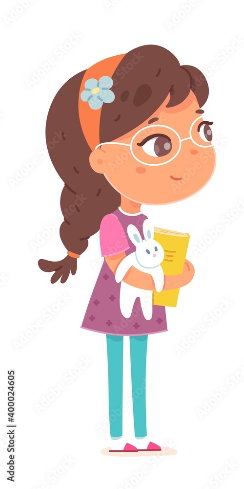 Happy little girl standing with toy and book. Joyful smiling child in glasses with cheerful face expression. Cute kid in good mood with rabbit in hands vector illustration