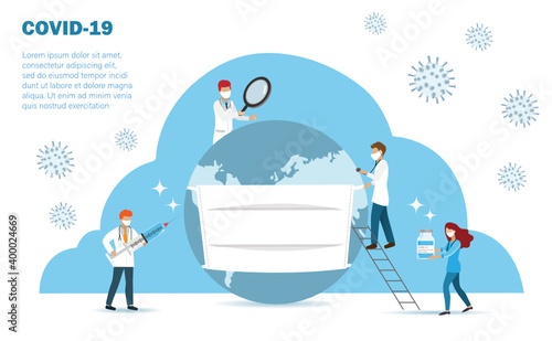 Doctors team with COVID-19 coronavirus vaccine and treatment  healing sick world wearing face mask. Medical technology and global healthcare to fight with covid-19 pandemic..