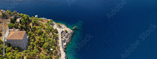 Aerial drone ultra wide photo of small picturesque port of Hydra island, Saronic gulf, Attica, Greece photo