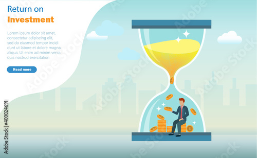 Return on investment, time is money. businessman in hourglass receiving gold coins from spending time on financial long term investment. Financial , banking and time management concept.
