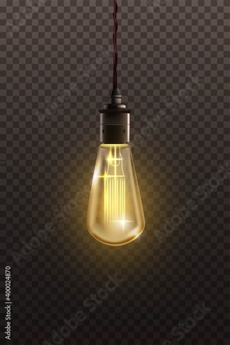 Vintage light bulb hanging on filament. Retro decor design vector illustration. Antique yellow glowing lantern in glass with string from ceiling on transparent background