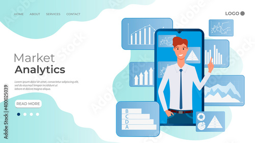 Market Analytics.The businessman is involved in assessing market opportunities.Businessman and smartphone on the background of infographics.The template of the landing page.