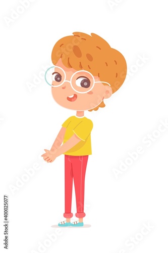 Happy smart boy in glasses standing. Joyful smiling little child talking. Positive emotion and fun vector illustration. Cute cheerful kid in good mood on white background