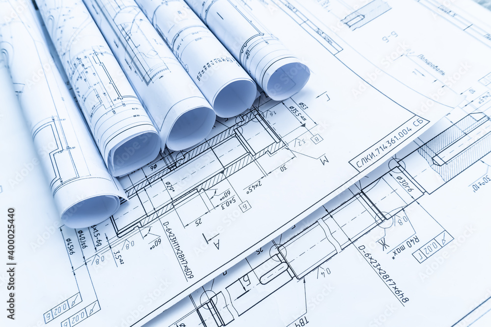 Blueprint rolls with technological blueprints Blueprint rolls with technological blueprints