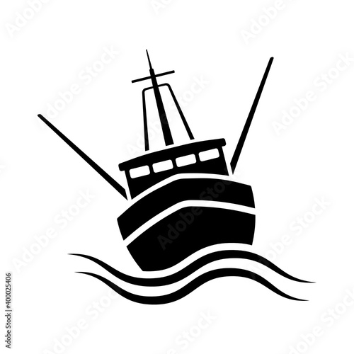 Ship icon. Fishing boat. Black silhouette. Front view. Vector flat graphic illustration. The isolated object on a white background. Isolate.