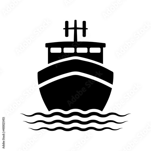 Ship icon. Fishing boat. Black silhouette. Front view. Vector flat graphic illustration. The isolated object on a white background. Isolate.