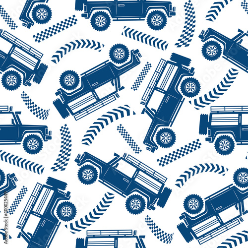Blue expedition off-road vehicles and isolated on white background. Monochrome car seamless transport. Vector flat graphic illustration. Texture.