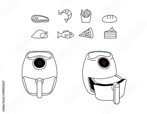 Air fryer kitchen vector line design isolated on white background.Icon for instructions.Air grill lines with food icons