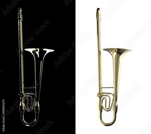 Side angle view of brass trombone with black and white variations 3d rendering photo