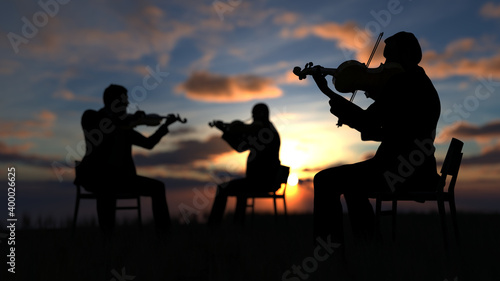 Trio of violin players sitting on chair and performing music outdoor with great view and sea 3d rendering