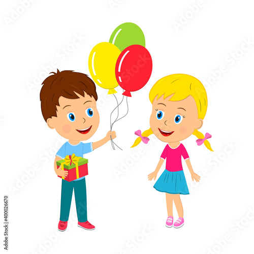 boy with gift and balloons and girl
