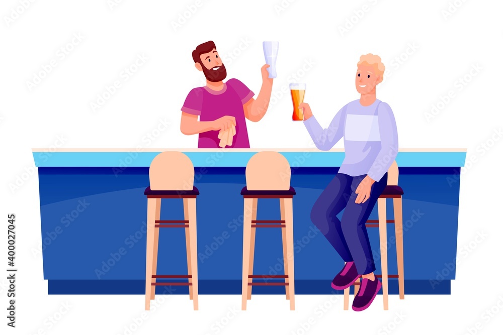People in bar or pub. Bartender at counter wiping glass, young happy man sitting and drinking beer. Modern recreation and rest vector illustration isolated on white. Guy in restaurant on stool People in bar or pub. Bartender at counter wiping glass, young happy man sitting and drinking beer. Modern recreation and rest vector illustration isolated on white. Guy in restaurant on stool