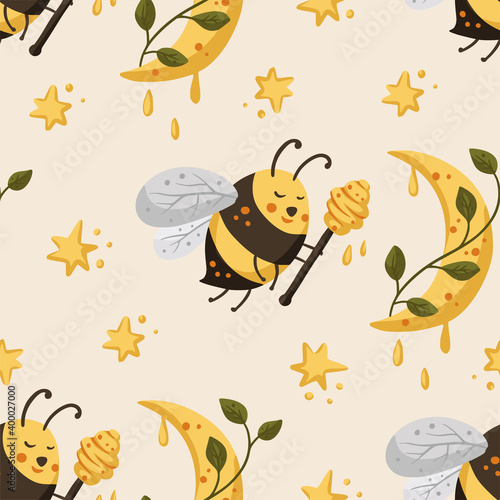 Bee with honey seamless pattern. Cartoon kid vector. Cute bee with moon and star illustration.