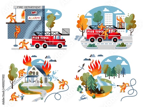 Firefighters emergency set. Rescuing people from burning house, fire in forest. Fire department emergency vector illustration. Man driving in firetruck to help from station